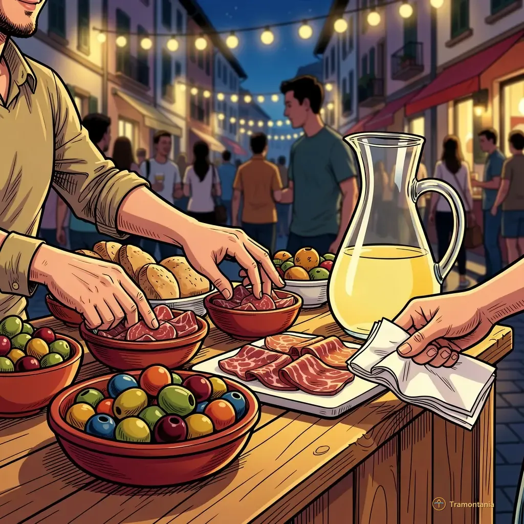 Nino, l'âne de Tramontania — Un comptoir en bois extérieur présente diverses préparations culinaires comme charcuteries, olives et pains prêts à être dégustés