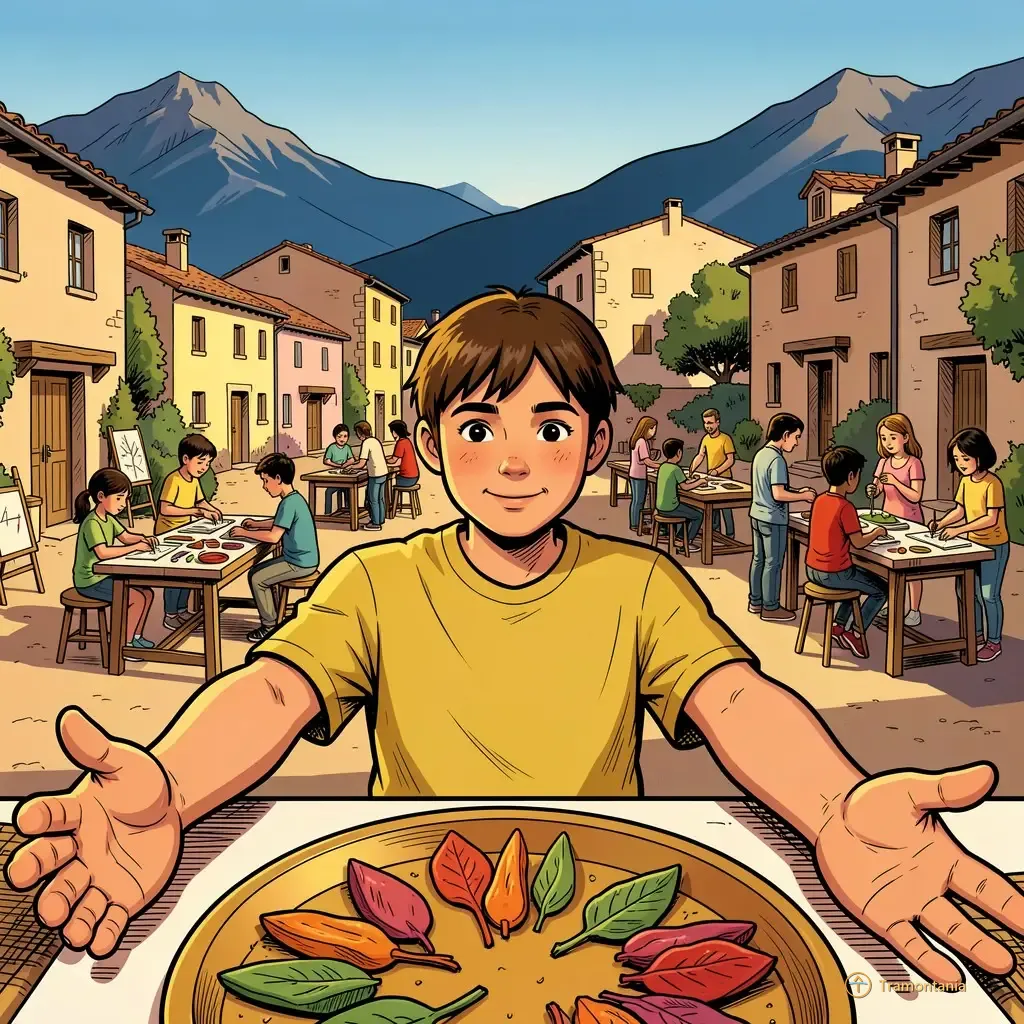 Des groupes d'enfants et d'adultes travaillent sur diverses activités dans un lieu de rassemblement extérieur au pied du massif