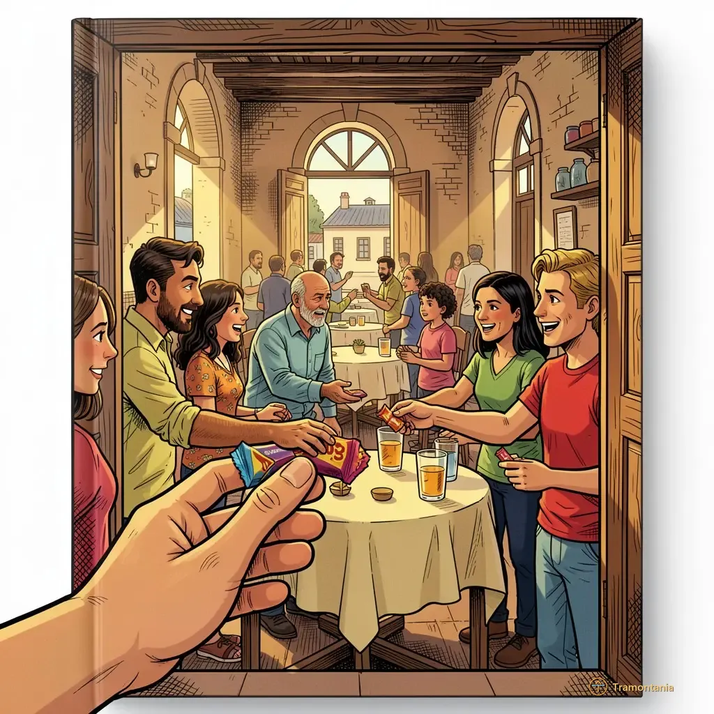 Nino, l'âne de Tramontania — Plusieurs adultes et familles se rassemblent à petites tables en échangeant des friandises ou tenant des verres tout en discutant animément
