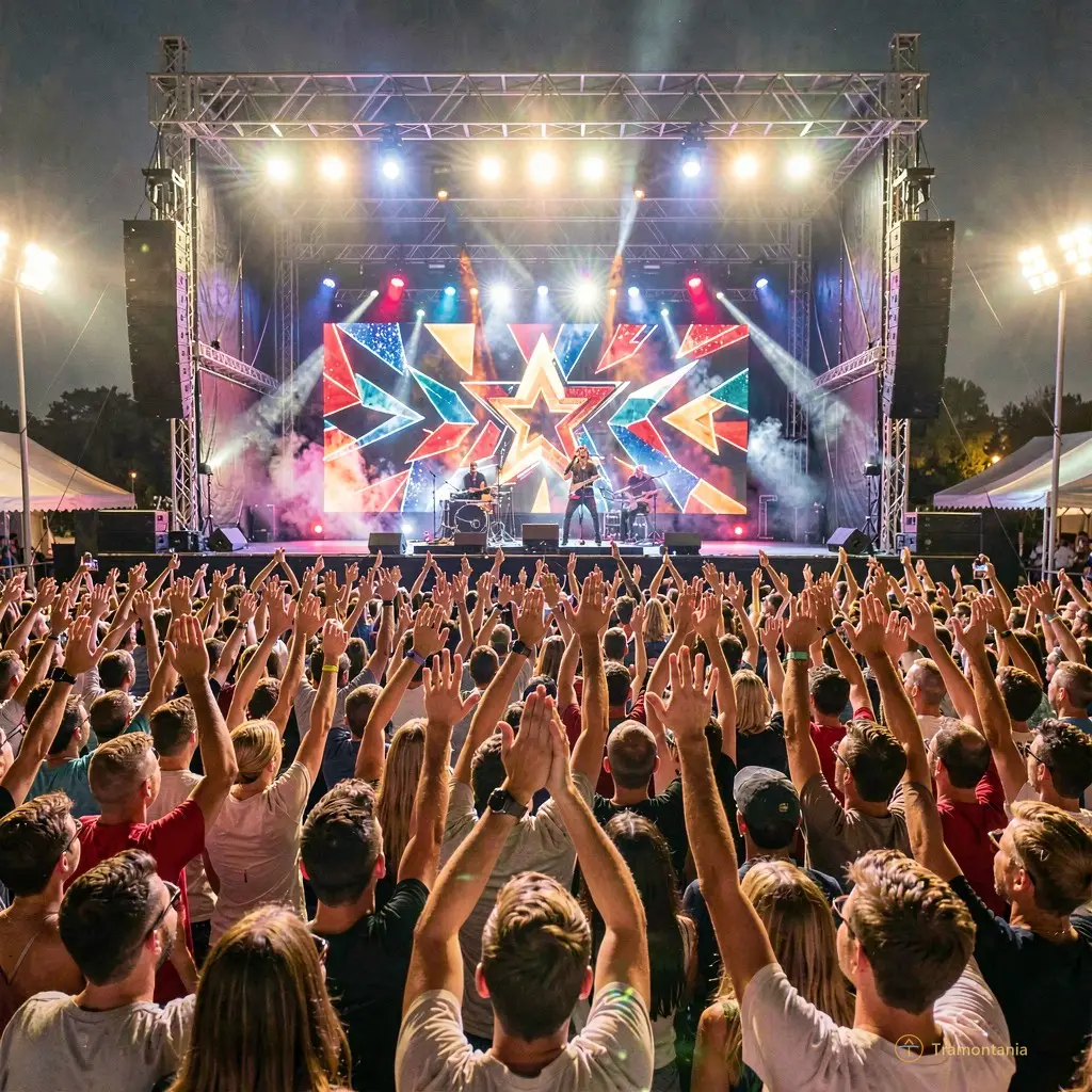 Wide shot of the audience raising their hands in excitement during a concert