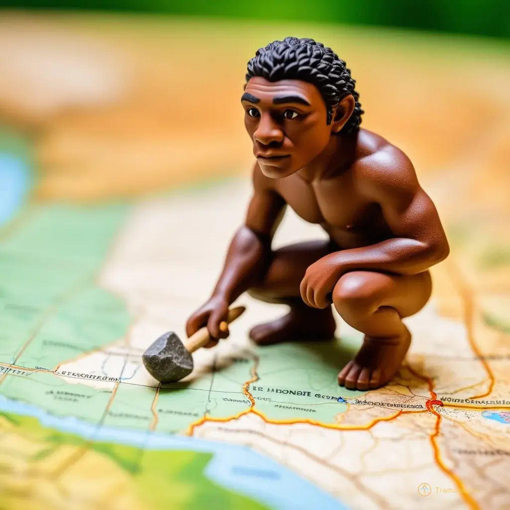 Close-up macro shot of a small, realistic clay figurine representing Homo heidelbergensis holding a stone tool, placed on the detailed model map; sharp focus on the texture and expression, shallow depth of field blurring the surrounding miniature landscape to emphasize the artifact's significance.