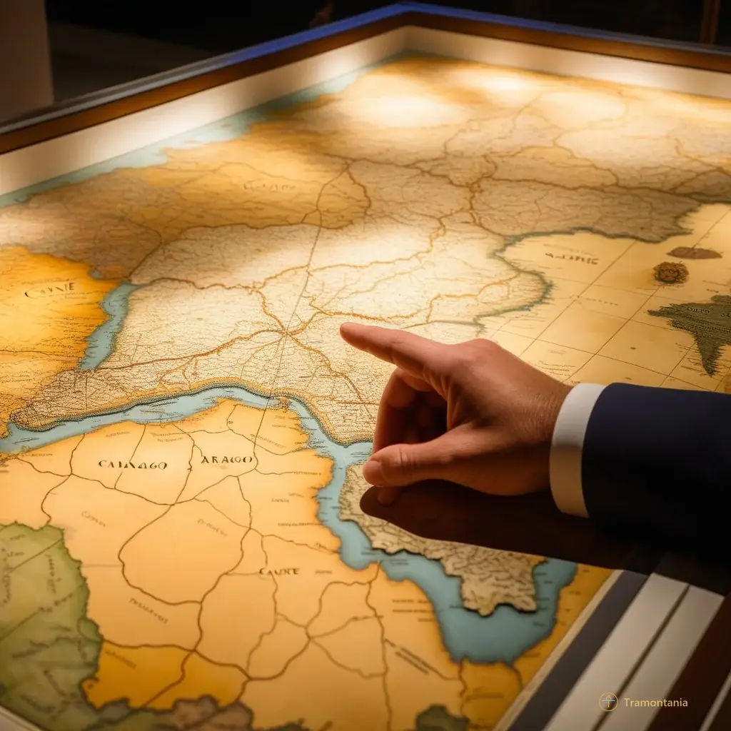 Medium shot of a visitor's hand gently pointing at the intricate details of the Caune de l'Arago model map on display; warm gallery lighting, contemplative mood, focus on the interaction between human curiosity and historical representation with soft shadows around the exhibit.