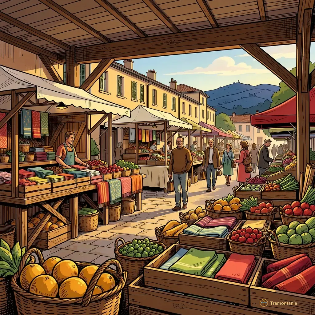 Une zone de marché couverte à Perpignan expose divers étals artisanaux remplis de produits locaux comme textiles ou fruits frais devant les passants