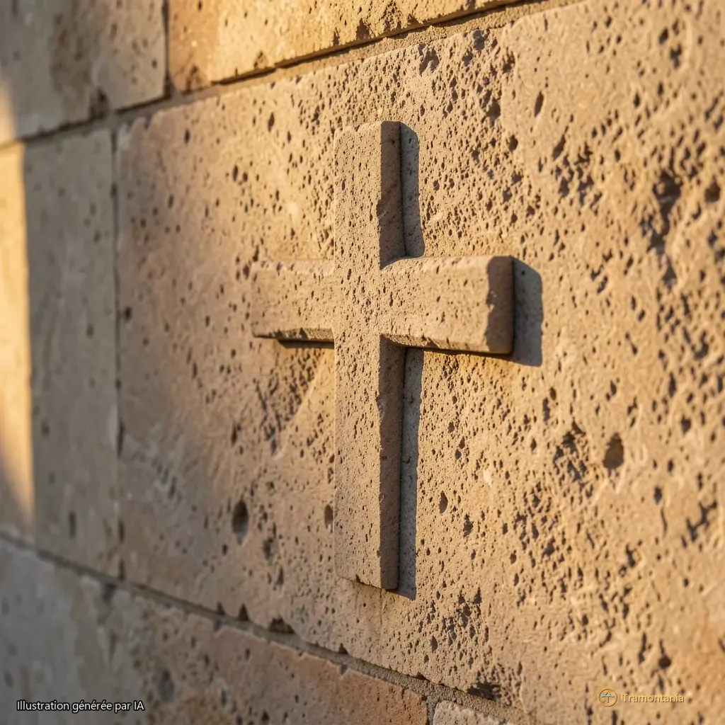 Détail d’un bloc de pierre sculpté sur le mur est, lumière rasante du matin, cadrage serré sur une croix gravée