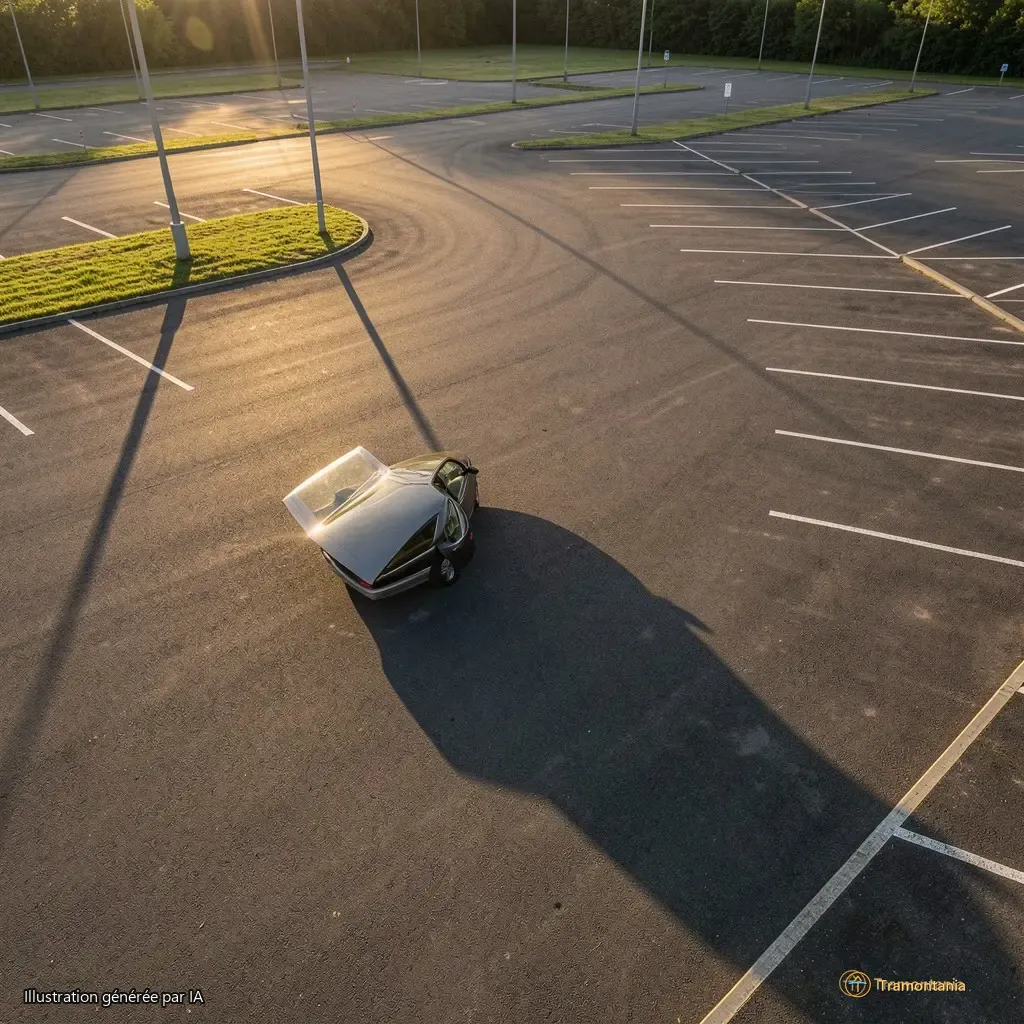 Vue plongeante sur le parking RD9 à 18h30, ombres allongées, une seule voiture garée