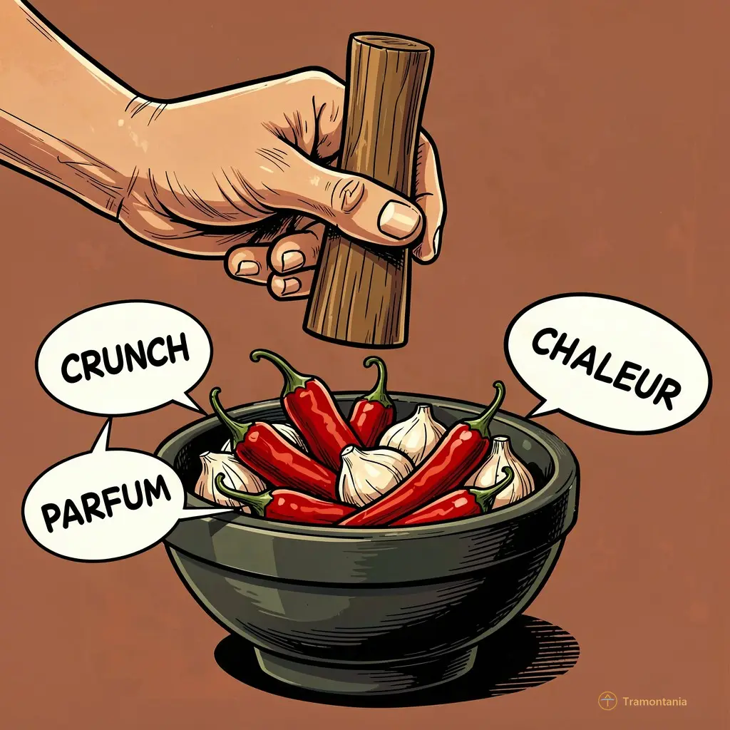 Illustration style bande dessinée rétro colorée montrant une main forte tenant un pilon en bois au-dessus d'un bol rempli de piments rouges éclatants et d'ail blanc. Des bulles autour du mortier contiennent les mots "CRUNCH", "PARFUM" et "CHALEUR". Le fond est uni, couleur terre cuite