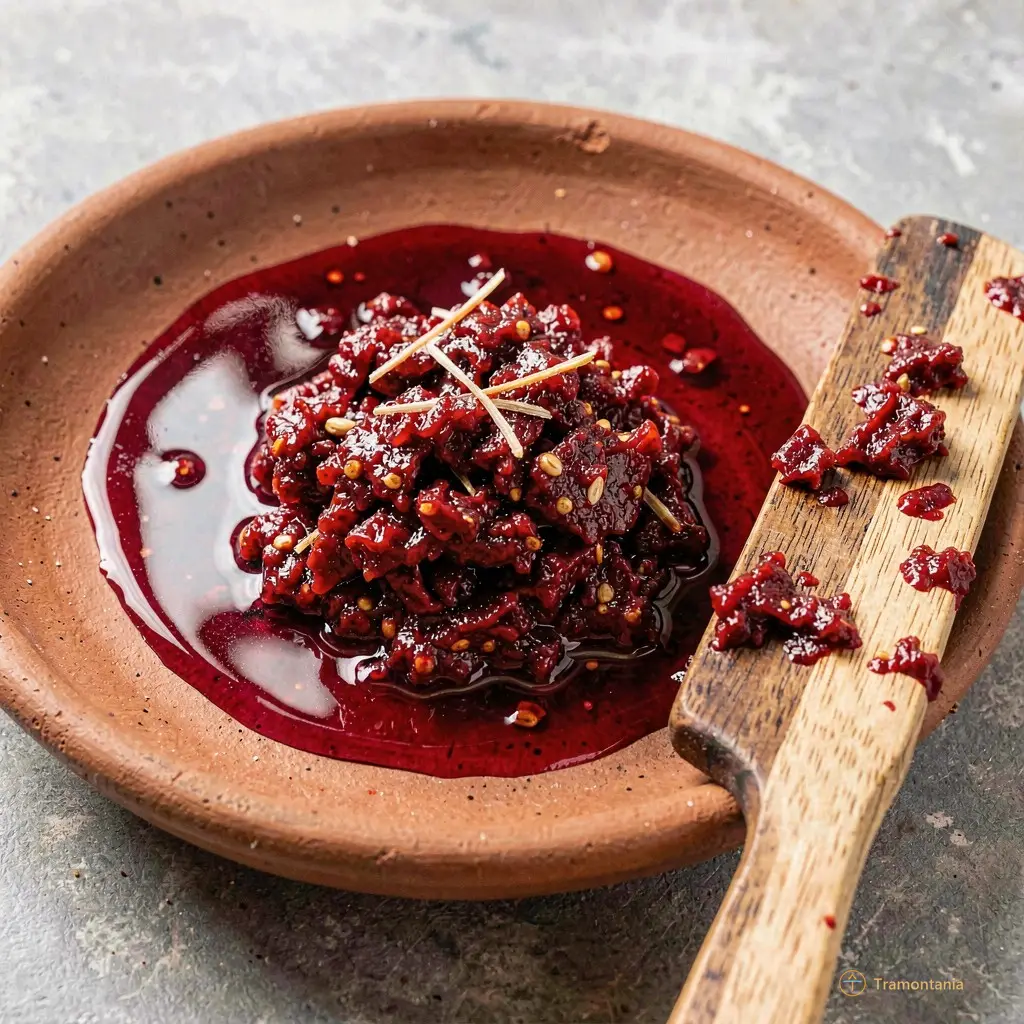 Photo lumineuse en contre-plongée sur un plat en terre cuite contenant le sambal fini, nappé d'une fine couche d'huile brillante rouge rubis. À côté, une spatule en bois avec des résidus de pâte rouge accrochés aux bords