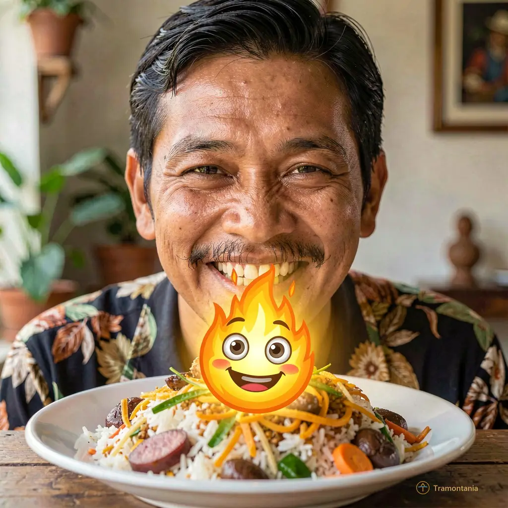 Collage drôle juxtaposant une photo réaliste d'un visage indonésien souriant avec une moustache fine, et une icône de feu animée (emoji) qui sort directement du plat de riz sauté devant lui