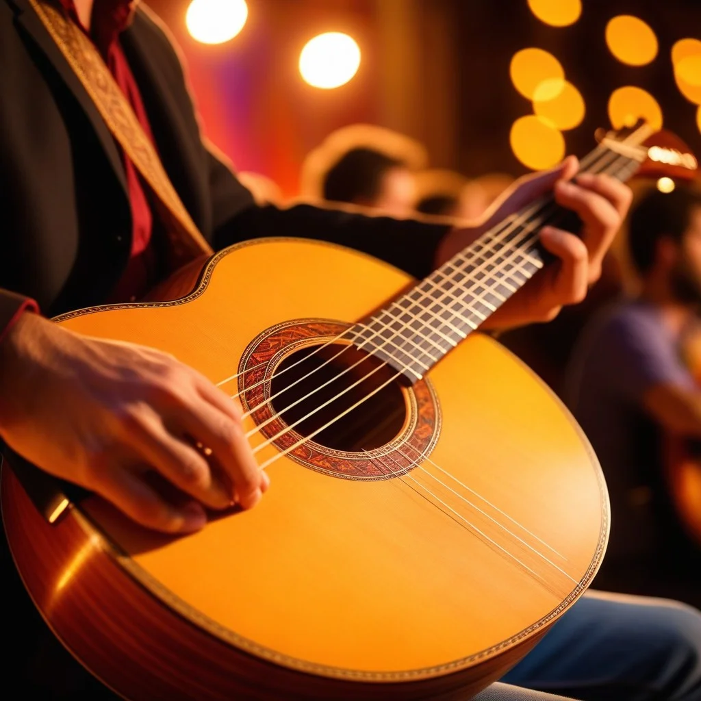 Close-up of hands playing a traditional Catalan lute or guitar, fingers blurred with motion to suggest speed and energy. The background is a bokeh of warm, festive stage lights, creating a halo effect around the instrument. The wood of the instrument looks polished and alive, reflecting the colorful ambient light of the venue.