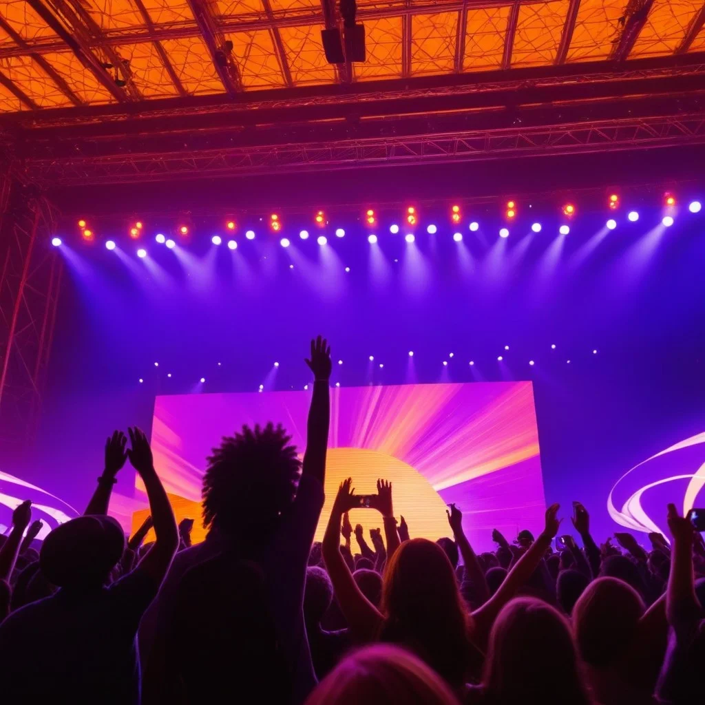 A dynamic, low-angle shot of a crowd of people seen from behind, arms raised in the air, silhouetted against a backdrop of intense, swirling stage lights in purple and orange. The focus is on the collective energy and the sense of a shared, electric moment in a historic garden setting, with stone arches visible in the background.