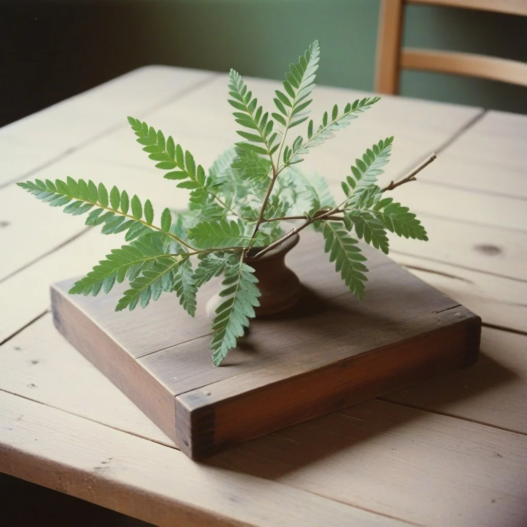 Un carreau de faïence catalane du XIXe siècle, posé sur une table en bois vermoulu, avec un seul motif : une branche d’olivier, partiellement effacée par le temps. À côté, une petite touffe de romarin sauvage, encore verte.