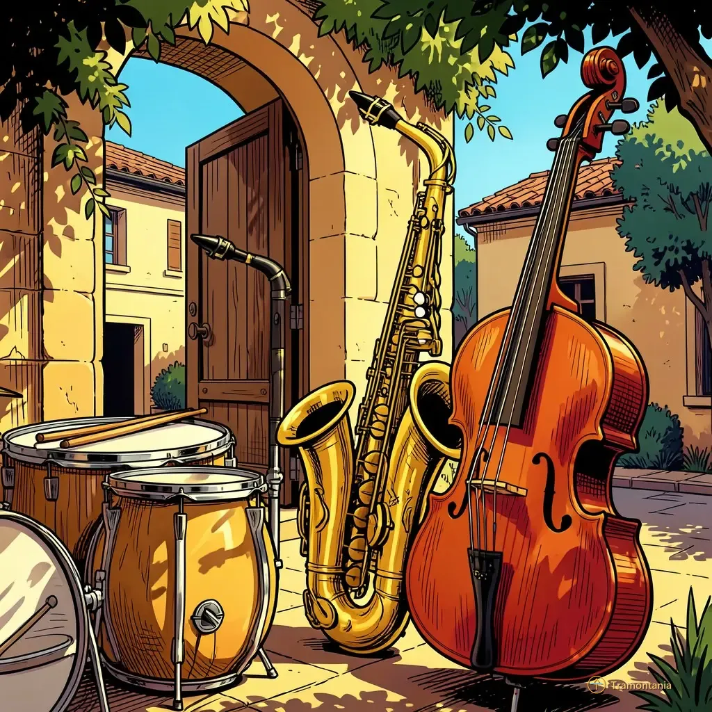 Les trois instruments, la batterie, le saxophone et le manche du violoncelle sont disposés près d'une arche dans le centre-ville historique