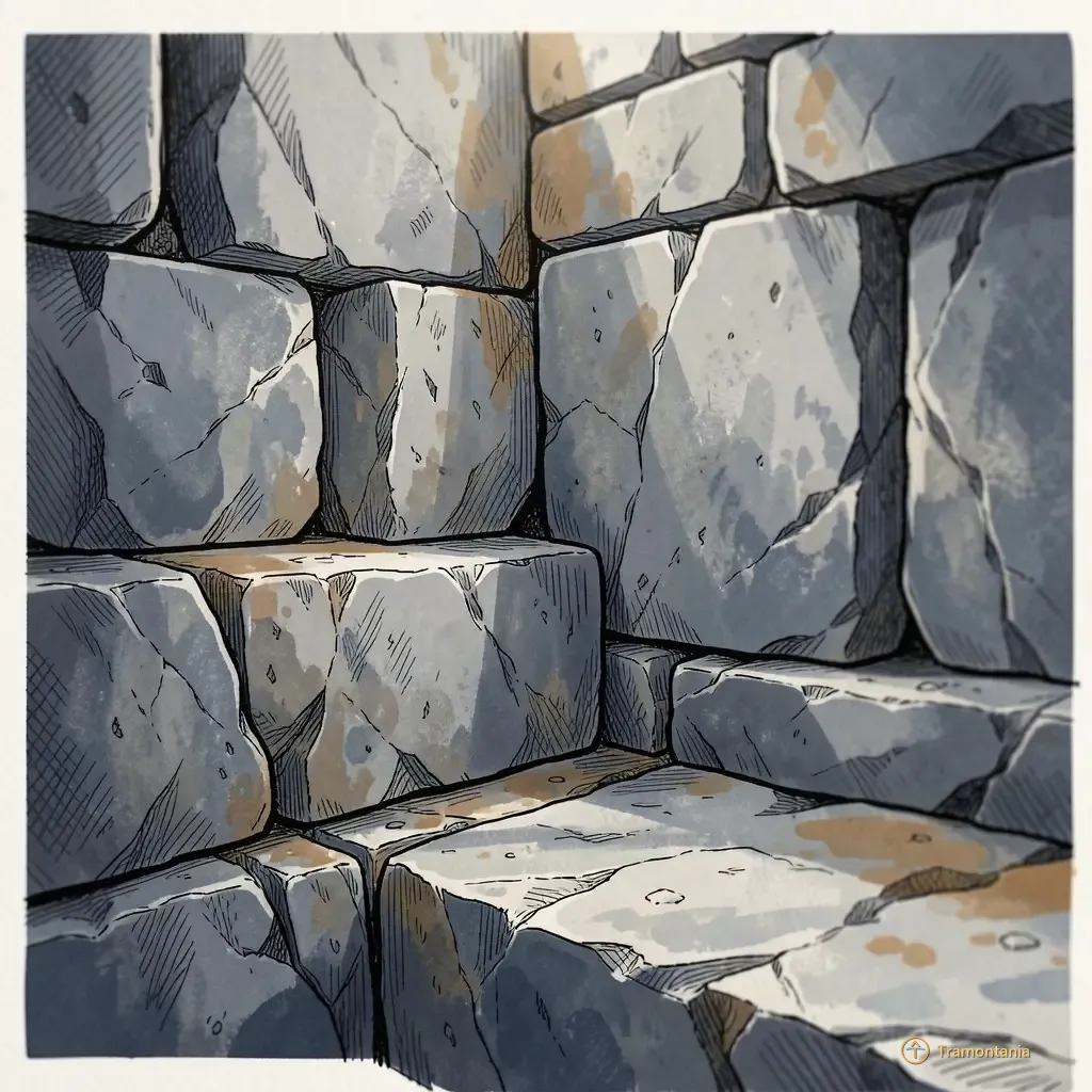 Un mur ou une voûte ancienne formé de blocs de pierre taillée révèle la texture et les joints entre différentes roches