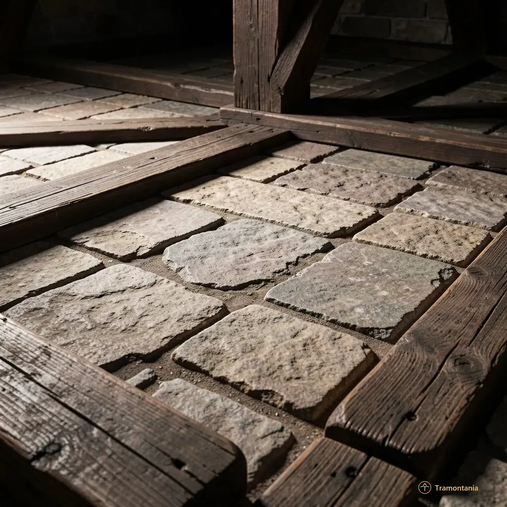 A close-up detail of rough stone paving (pavés) and dark wood beams forming a theatrical floor surface; the texture is highly visible, catching strong directional light that emphasizes cracks and joints. No people are present in focus.