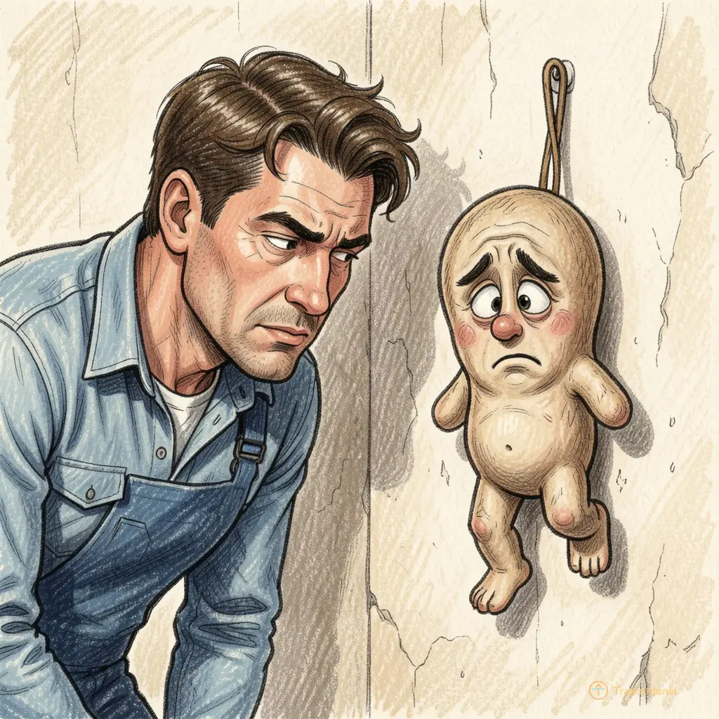 Illustration BD style crayon gras montrant Jean-Luc penché sur son tour, l'air concentré, avec un gros plan humoristique sur une pièce ratée qui a pris la forme bizarre d'un petit bonhomme triste accrochée au mur