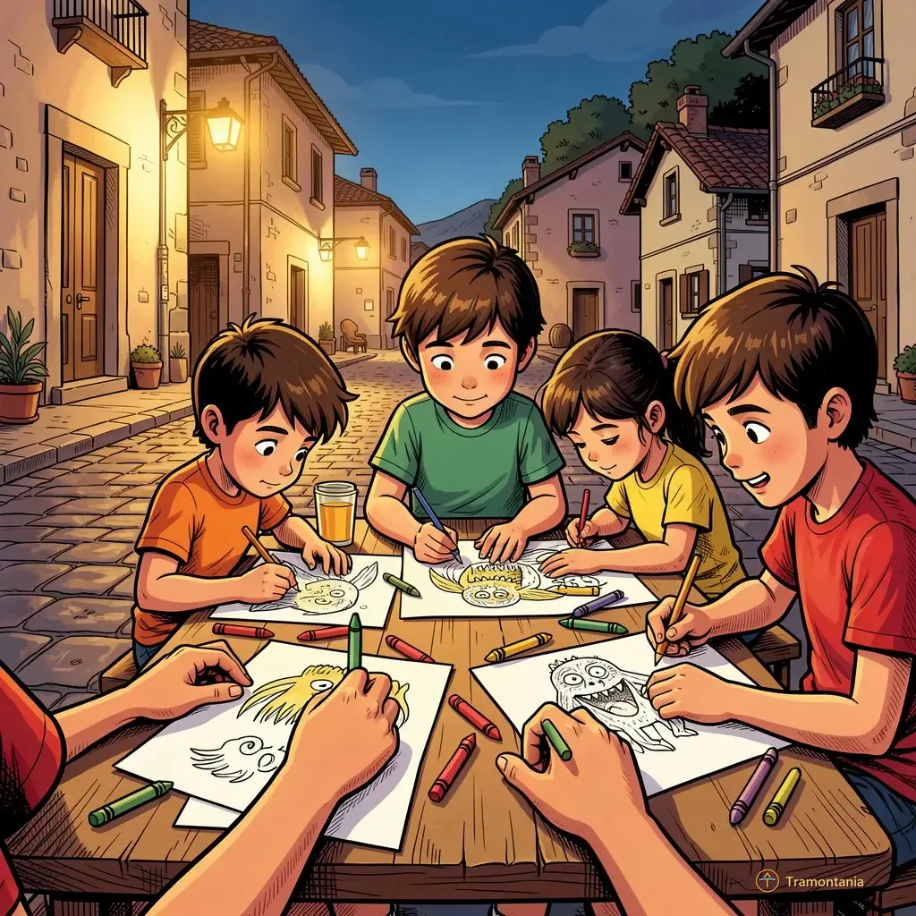 Un petit groupe d'enfants est assis à des tables temporaires dehors, concentrés sur le coloriage et le dessin de monstres