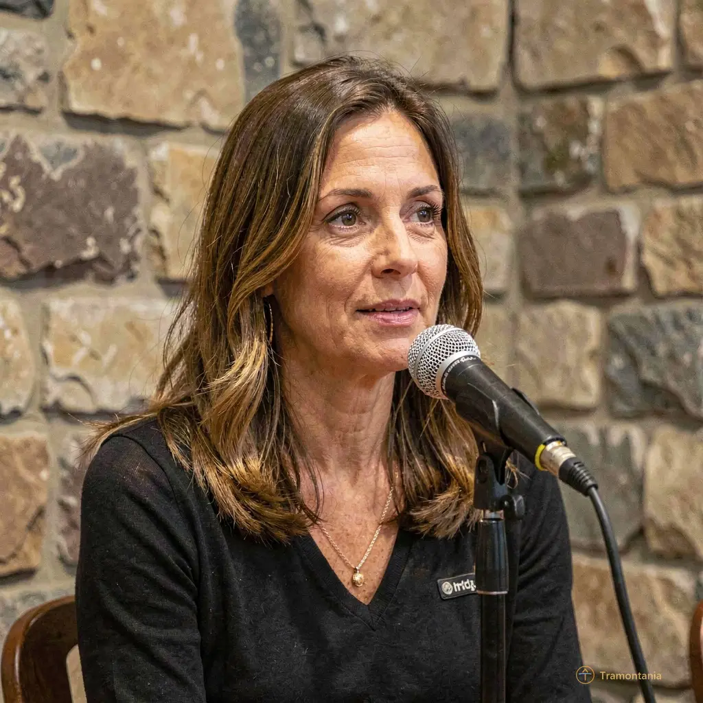 Anne Monteil-Bauer speaking softly into a microphone in an intimate setting with stone walls