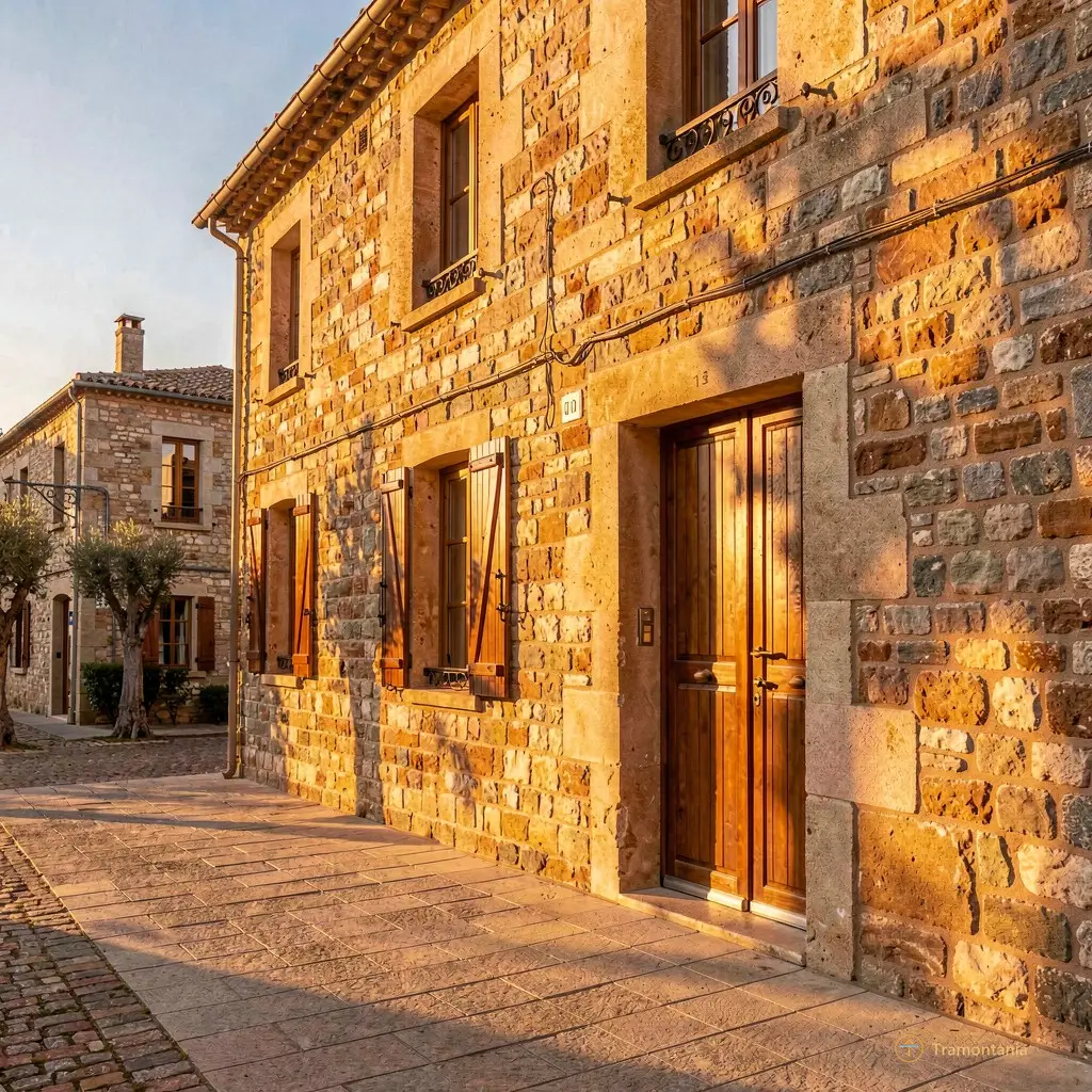 Evening light hitting the stone facade of a building in Prades, with shadows lengthening across the pavement