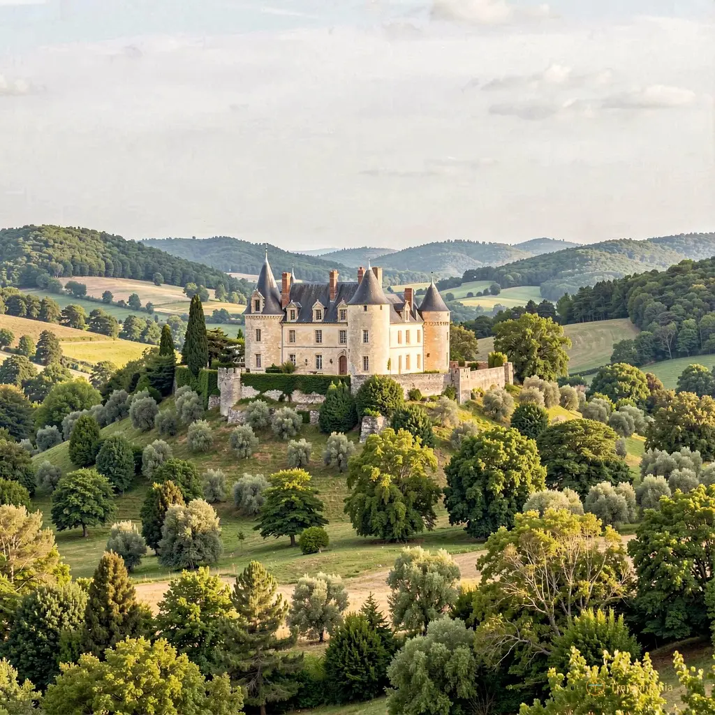 Wide shot of the Château d'Ansignan nestled among green hills under a pale sky
