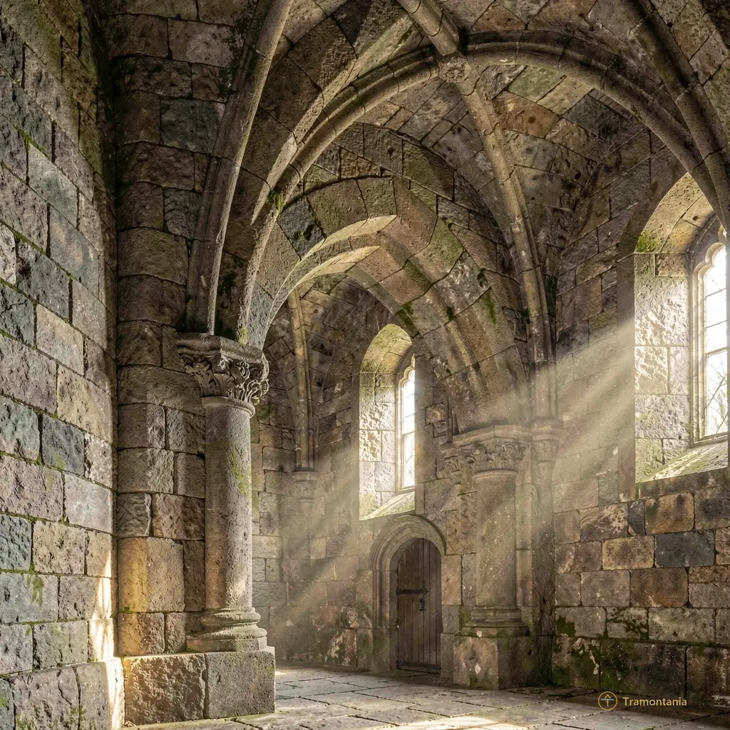 Interior detail of the castle showing rough stone textures and a beam of light