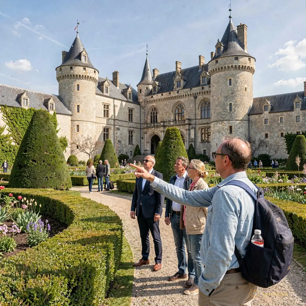 Visitors exploring the grounds of the castle with a guide pointing out architectural details