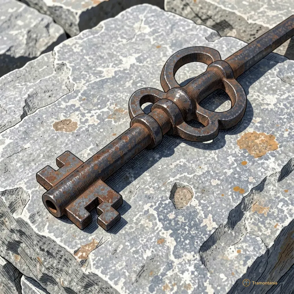 Une pièce ancienne de fer forgé repose sur une surface de pierre brute, mettant en évidence la texture métallique et l'oxydation
