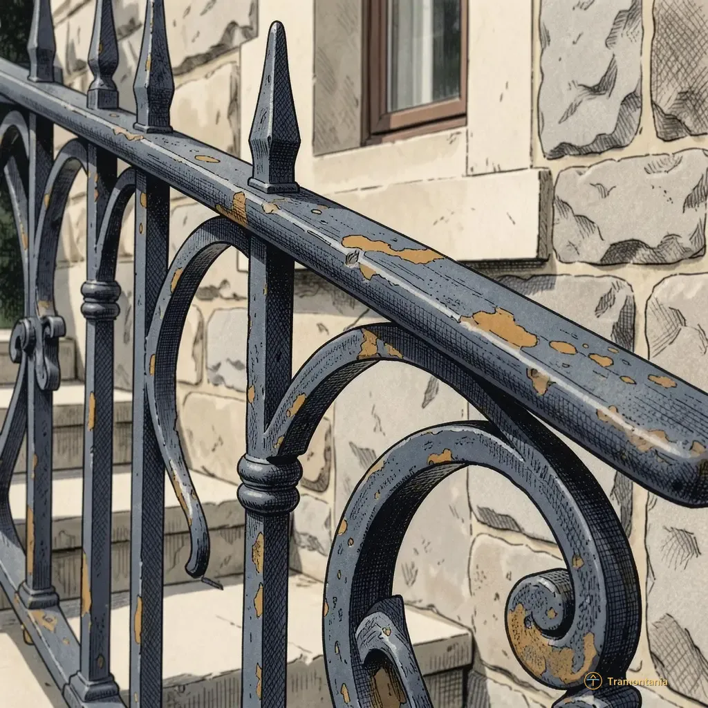 Un garde-corps en fer forgé est fixé à un mur de pierre ancienne révélant son artisanat détaillé et sa patine naturelle