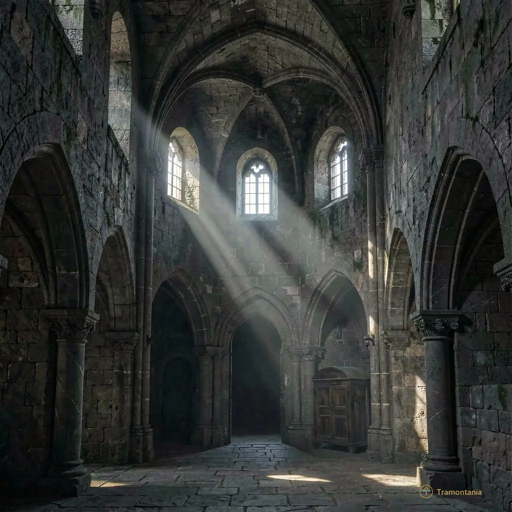 Intérieur sombre et mystérieux du donjon du château, éclairé par une fine rayons de lumière traversant les meurtrières
