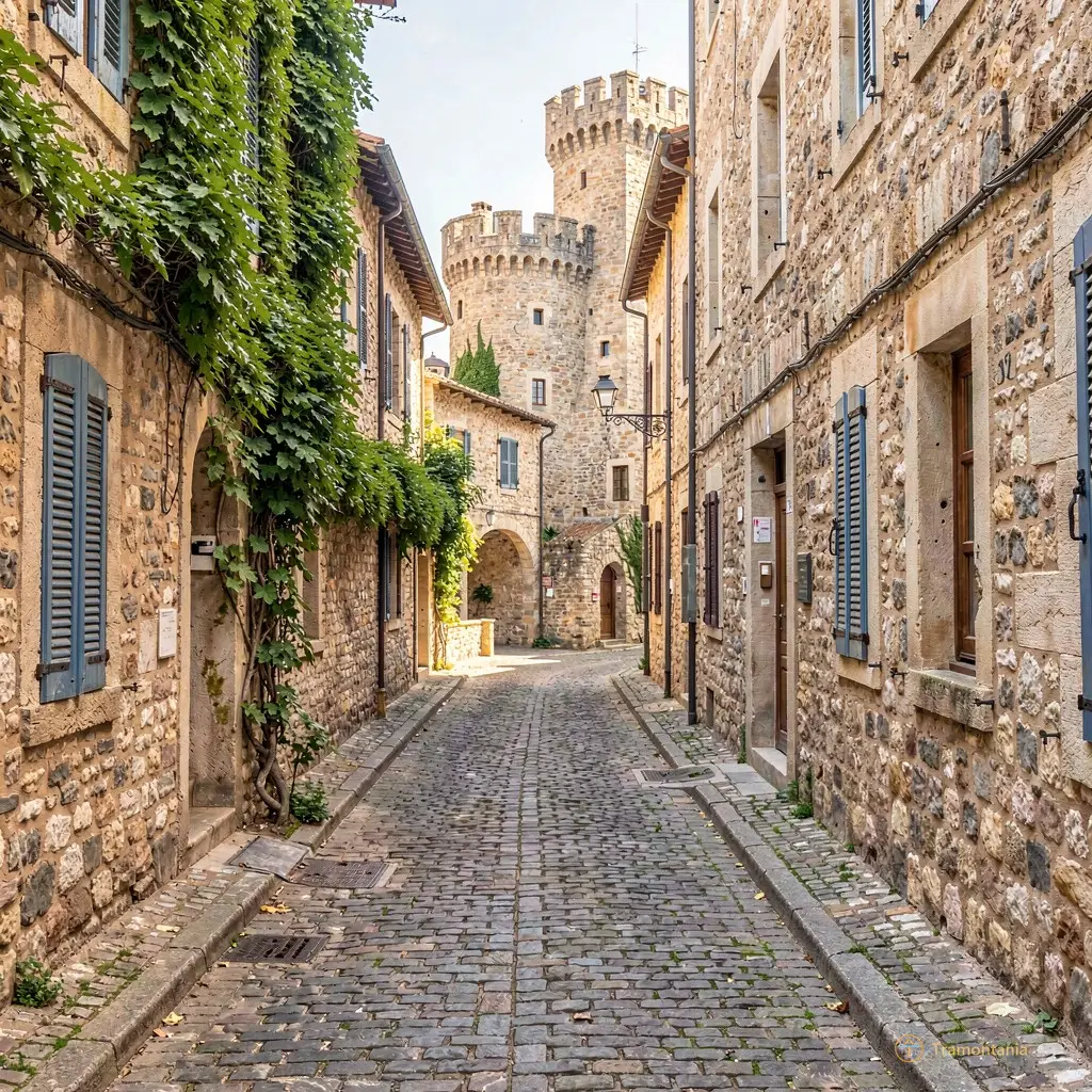 Quiet cobblestone street in Codalet leading towards the castle