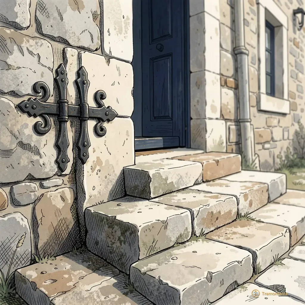 Les charnières en fer forgé et les marches de pierre usées mènent vers l'entrée latérale du village de Fourques