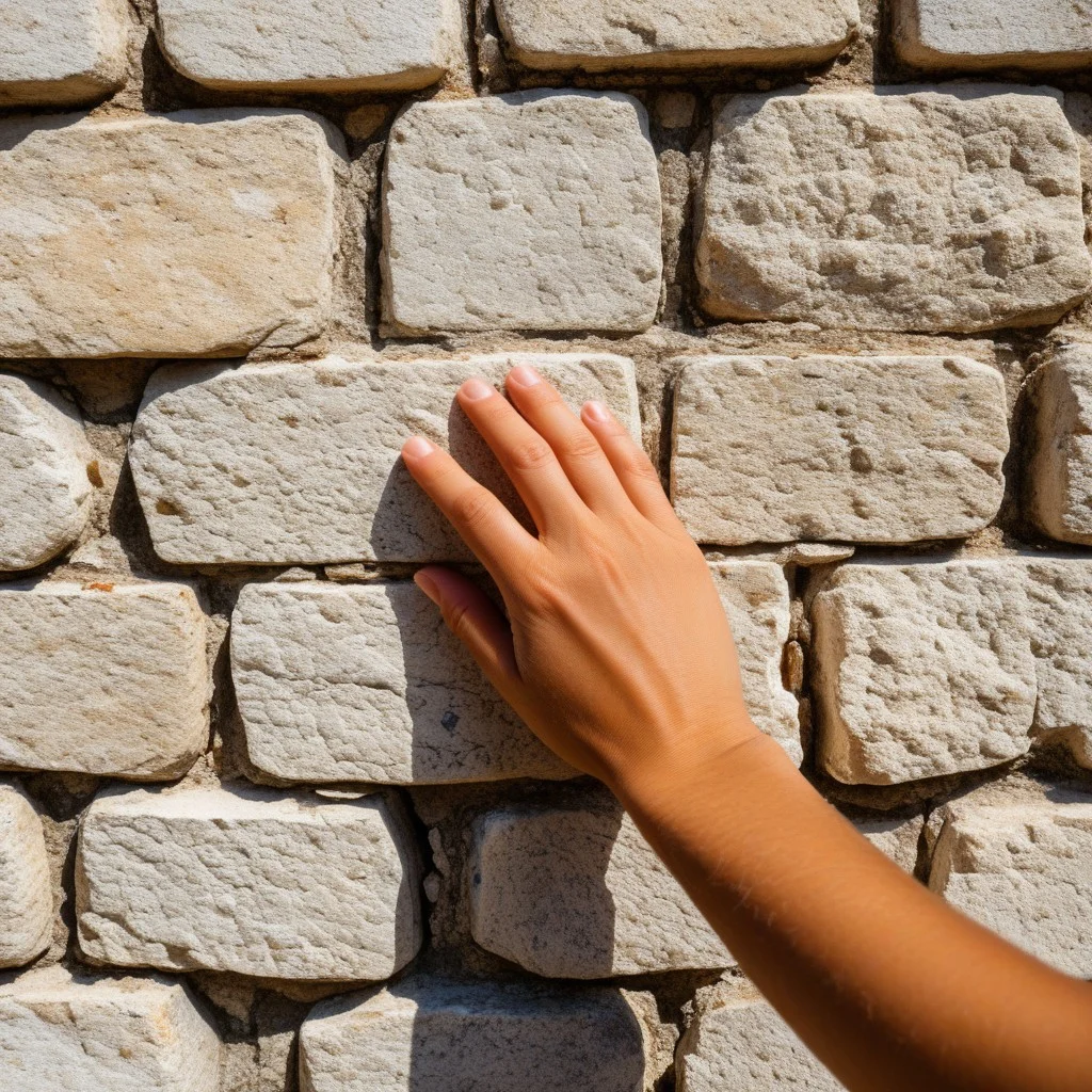 Close-up of hands gently touching the rough, weathered surface of a stone wall in an old courtyard, highlighting the granular texture and the play of light on the ancient masonry.