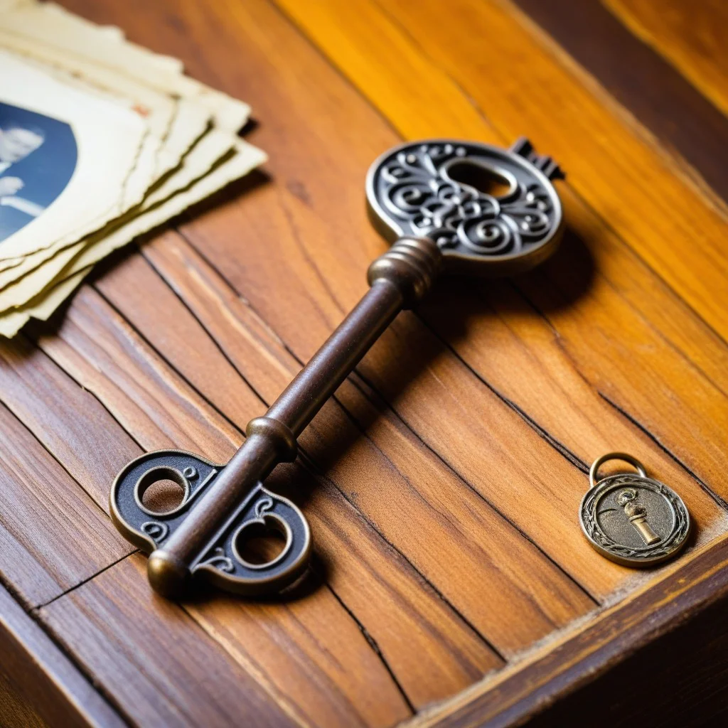 Detail shot of an old, ornate iron key resting on a wooden table next to a vintage photograph, evoking the theme of 'endangered heritage' and the unlocking of forgotten memories.