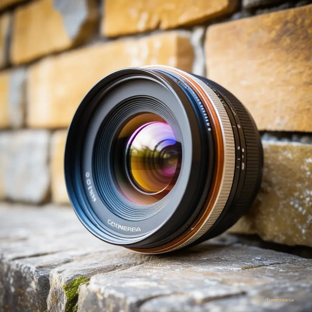 Close-up of a vintage wooden camera lens resting on an old stone wall, shallow depth of field focusing on the glass texture and dust motes in the air.