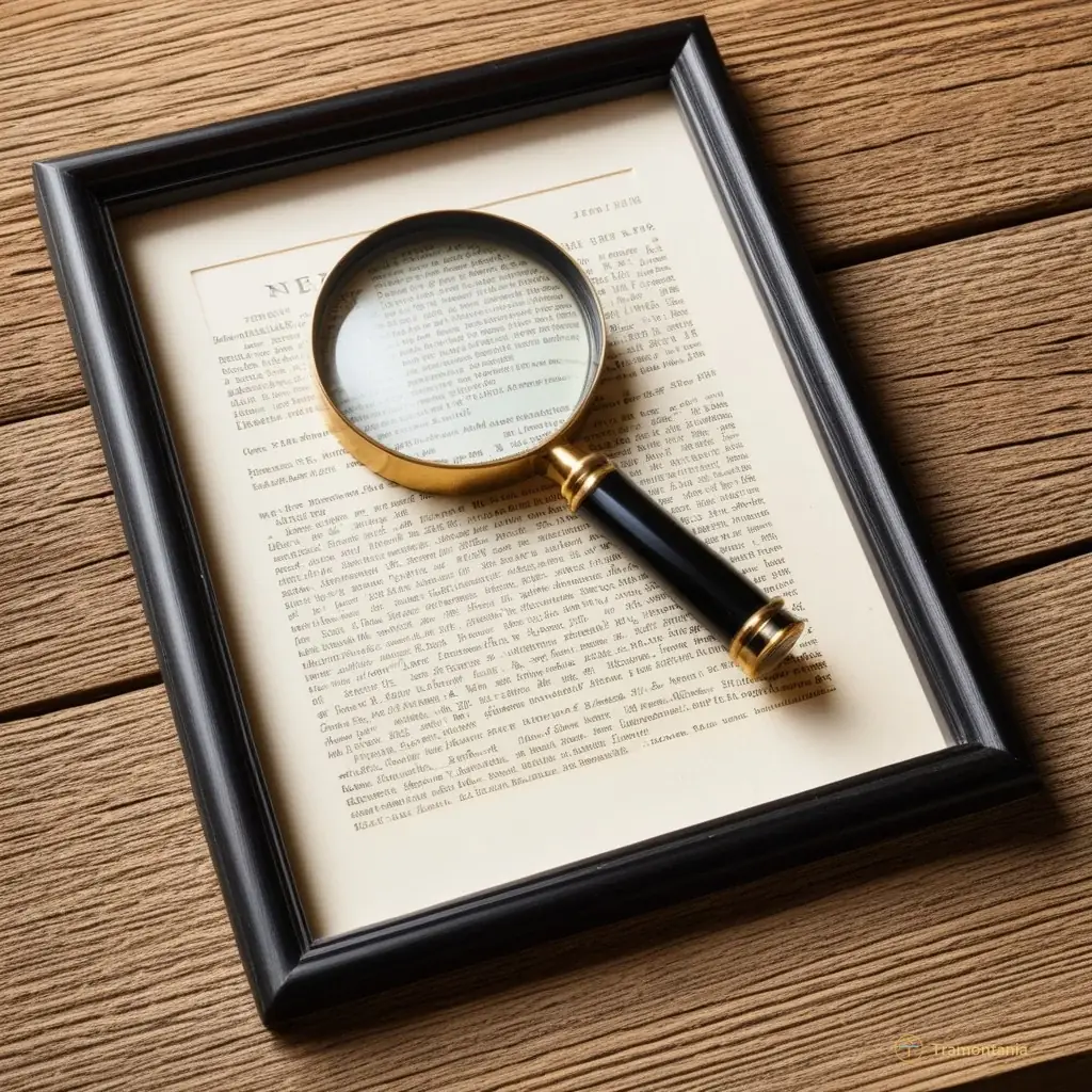 Detail shot of an old black and white photograph displayed in a simple frame on a rustic wooden table next to a magnifying glass.