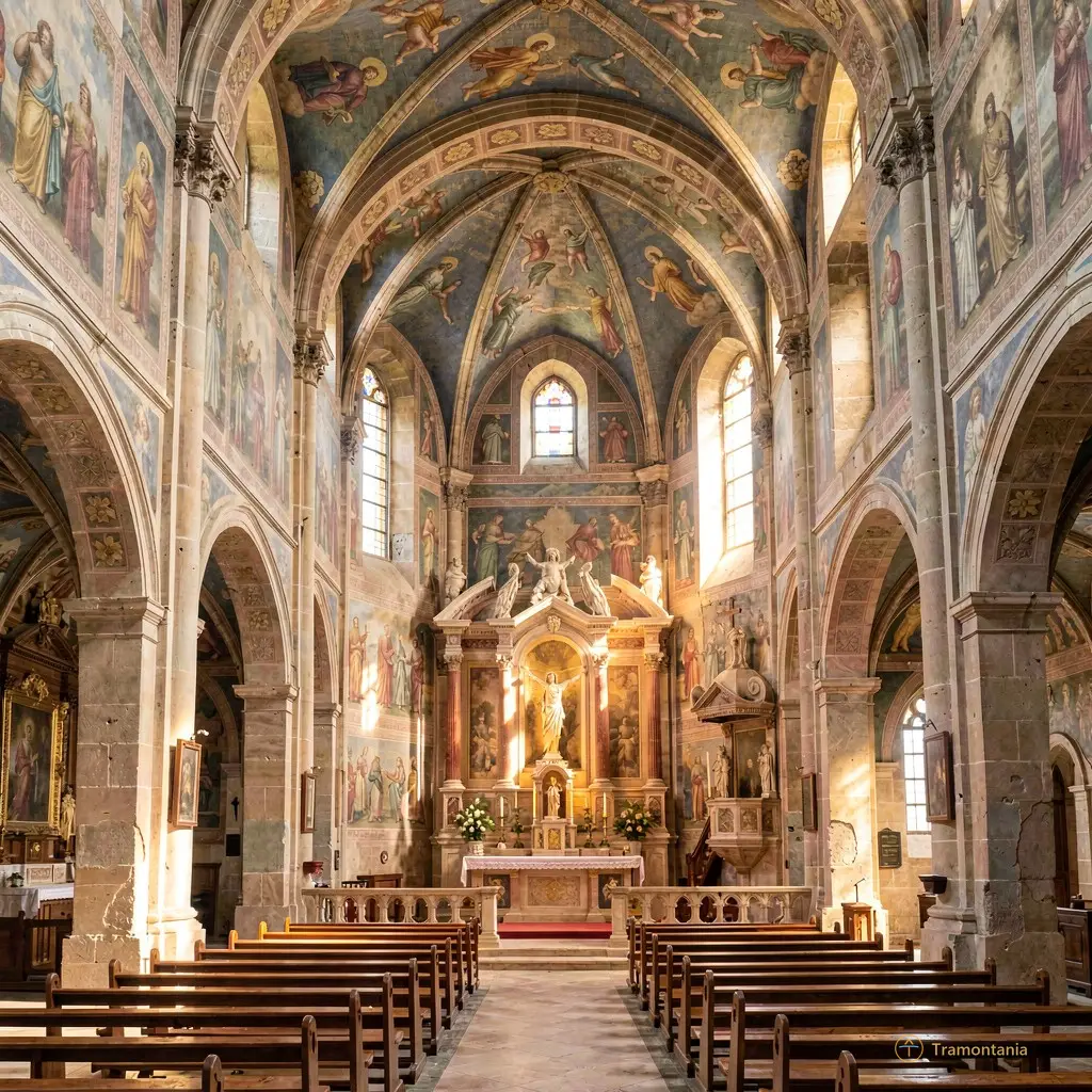 Interior view of the church Saint-Étienne with soft light illuminating the altar and ancient frescoes