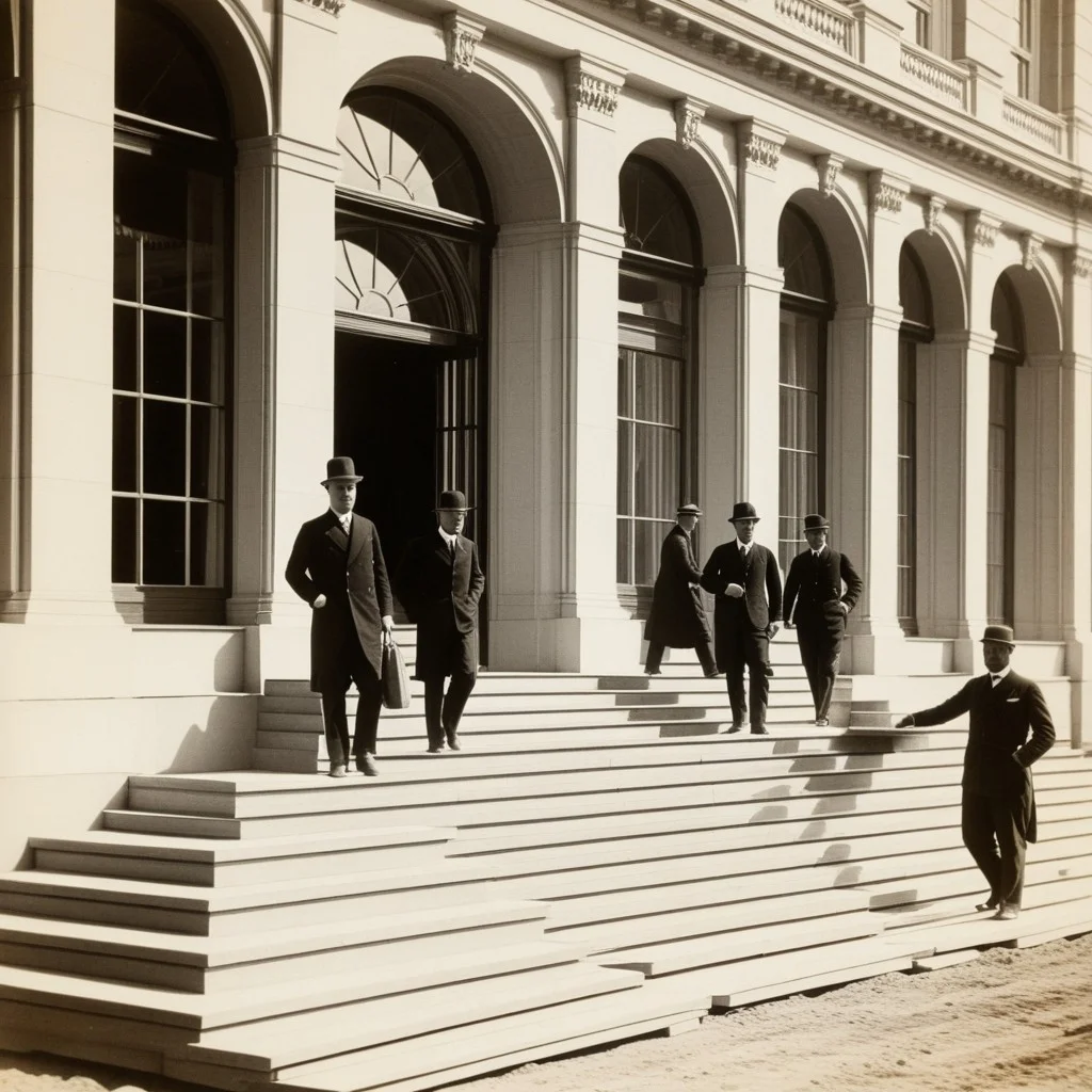Close-up of a vintage black and white photograph displayed on a wooden stand, showing the construction of the Grand Hotel in the 1910s, with workers in period clothing, framed by the modern, polished stone steps of the hotel entrance.