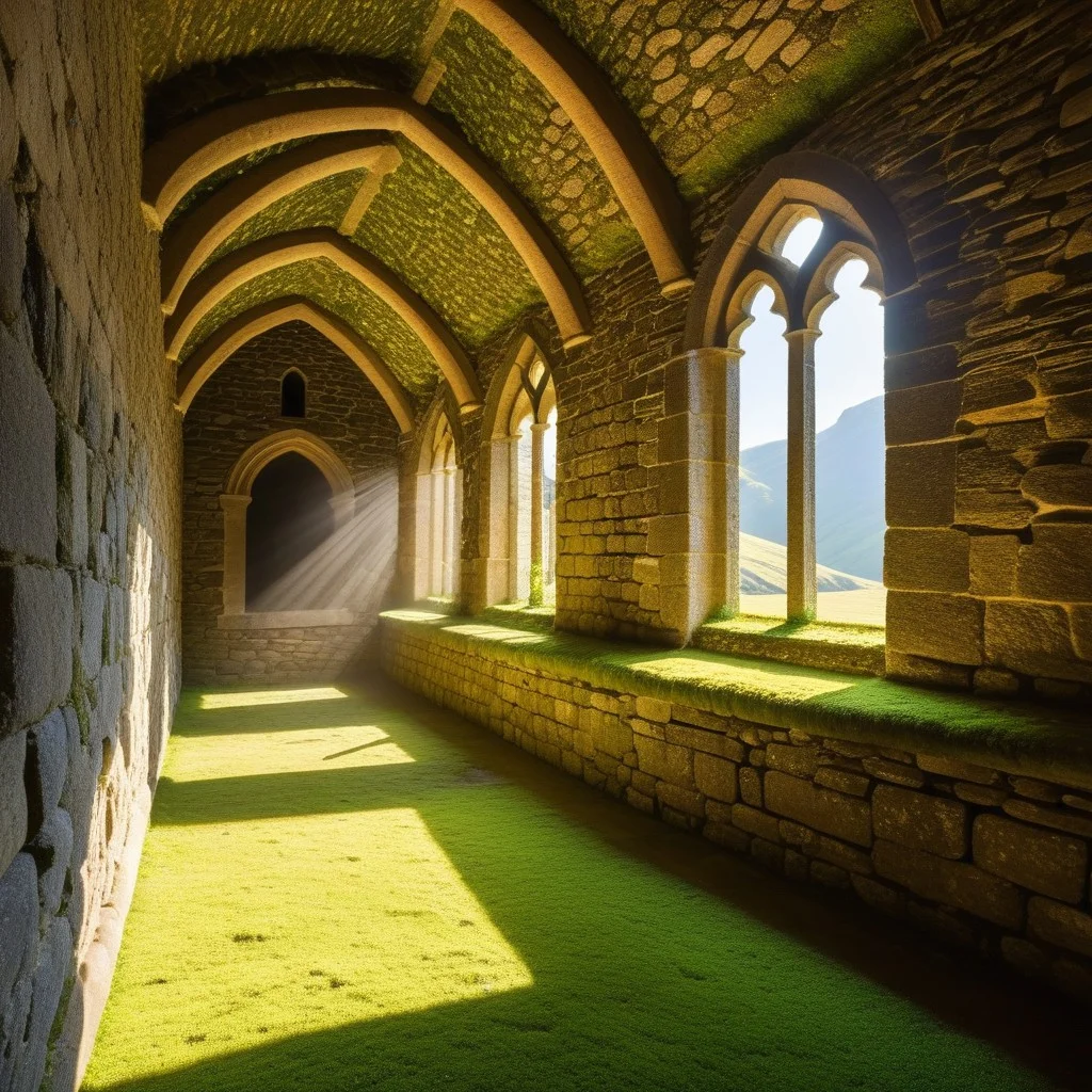 Detail shot of ancient, moss-covered stone walls of a 12th-century chapel, with a single beam of sunlight cutting through a small window, illuminating dust particles in the air, creating a mystical and serene atmosphere.