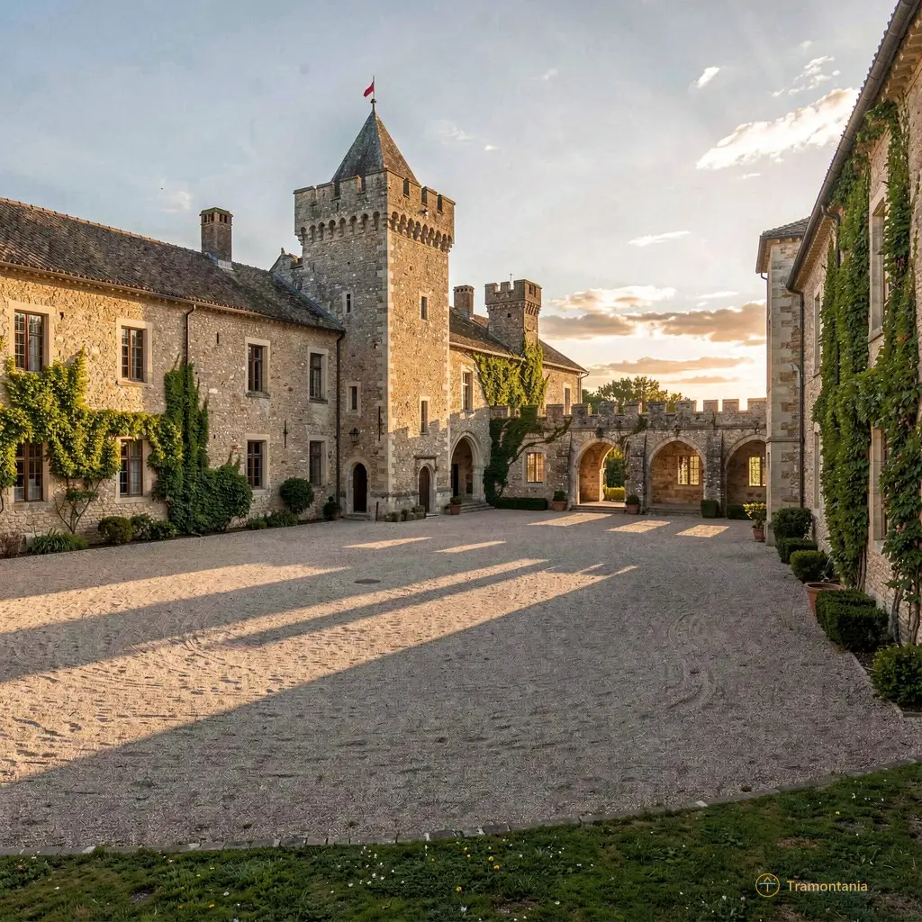 A wide shot of the Brouilla castle courtyard during golden hour, with long shadows stretching across the ground