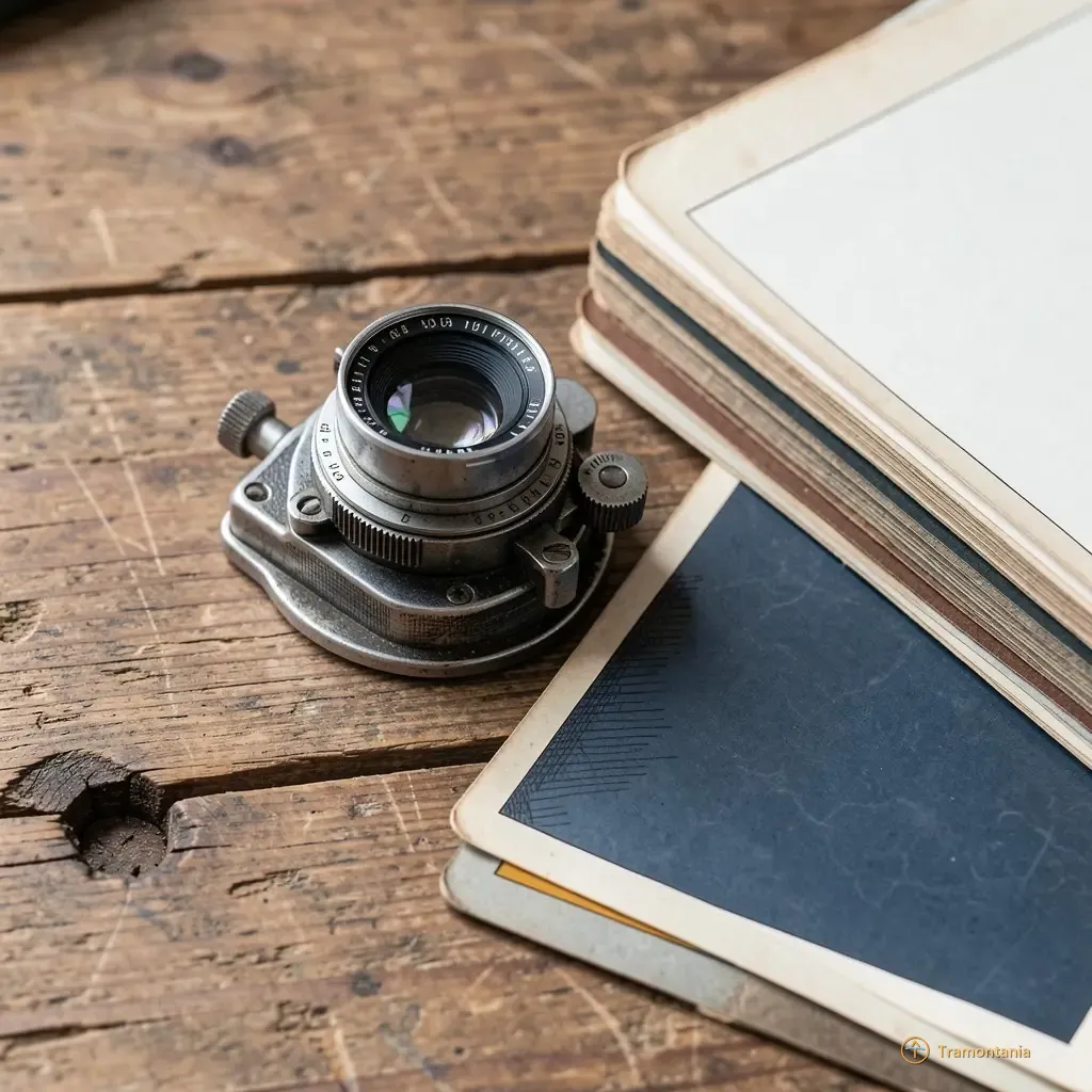 Un mécanisme d'objectif de caméra ancien et des piles de plaques photographiques vieillies reposent sur une surface en bois brute
