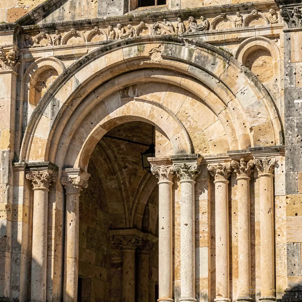 Détail architectural d'une arcade romane du prieuré, avec un jeu d'ombres portées soulignant la profondeur de l'architecture