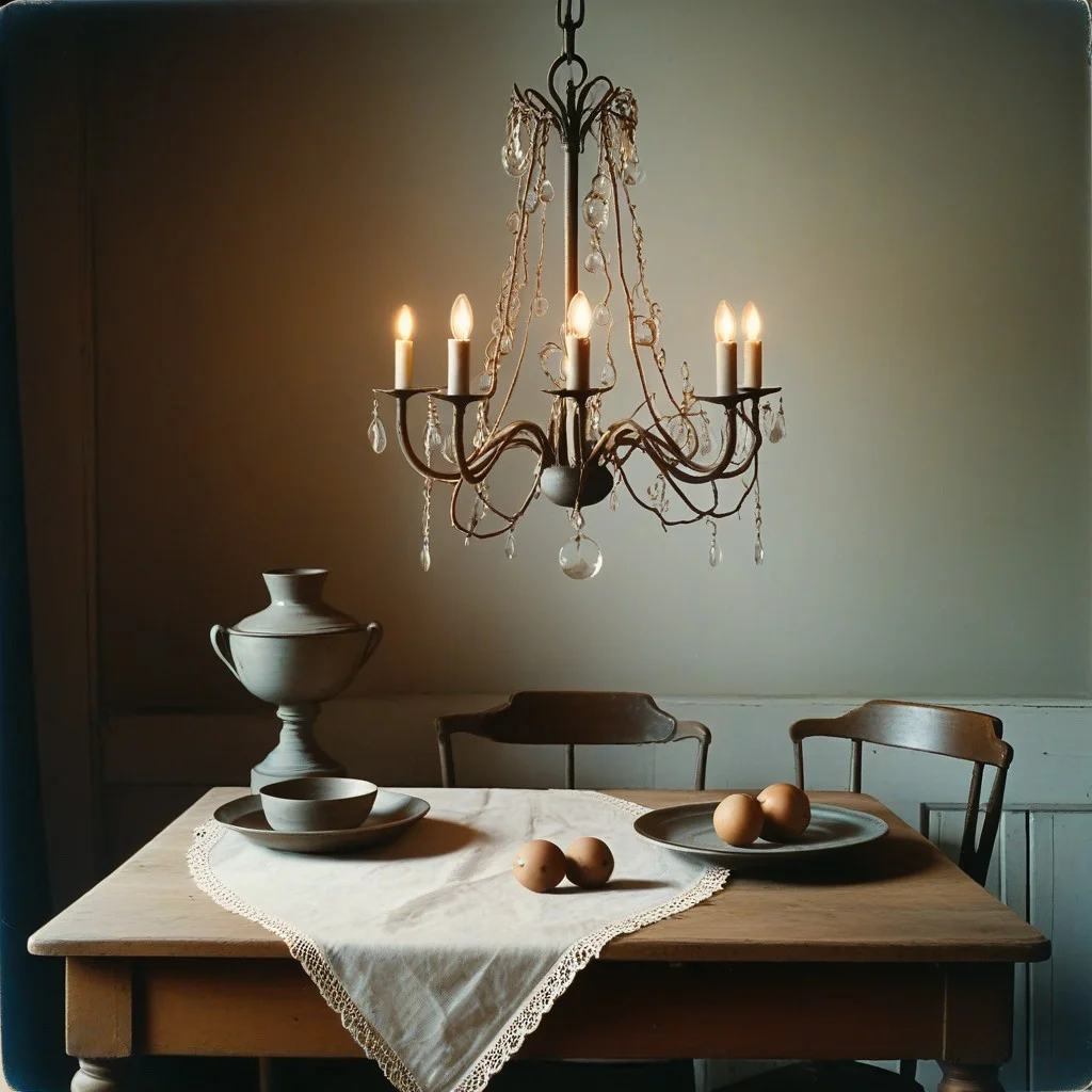Un chandelier en cuivre patiné, à trois branches, posé sur une table de bois sombre. Une mèche de cire figée pend mollement, et des traces d’huile ont laissé des cercles bruns sur l’ancienne nappe.