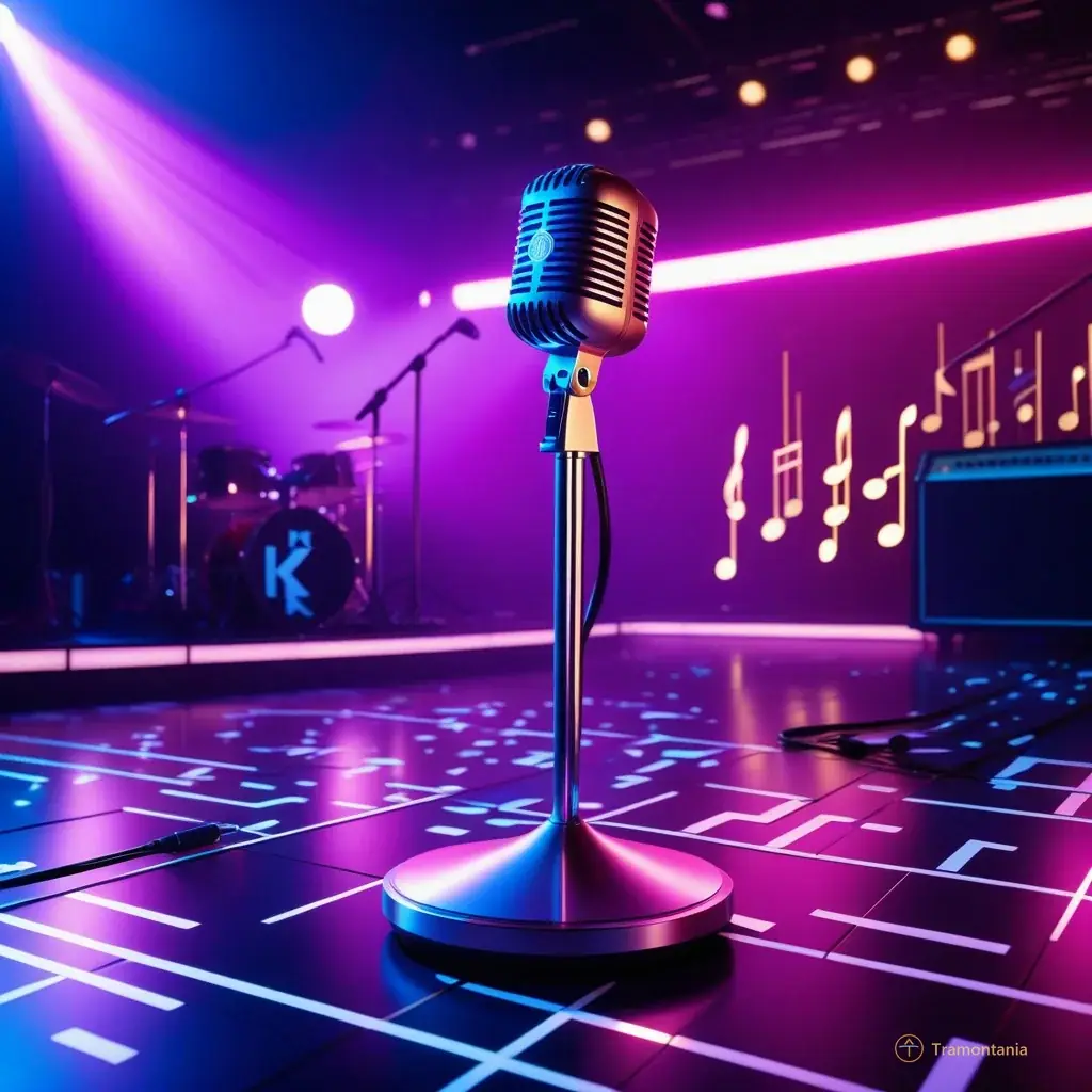 Close-up of a stylized microphone stand with glowing LED accents and intricate metallic details, resting on the stage floor amidst scattered musical notes made of light, symbolizing the fusion of modern pop music and fantasy elements in K-Pop Shadow Hunters.