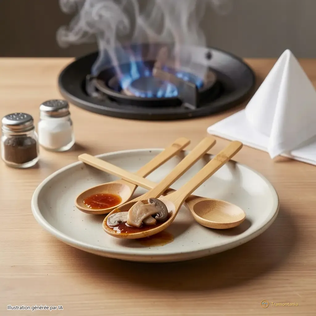 Close-up of three bamboo spoons laid across a ceramic plate — one dipped in sauce, another holding a piece of mushroom, the third empty. Behind them, steam rises gently above an unlit stove. The table is bare except for two small salt cellars and a napkin folded into a triangle.