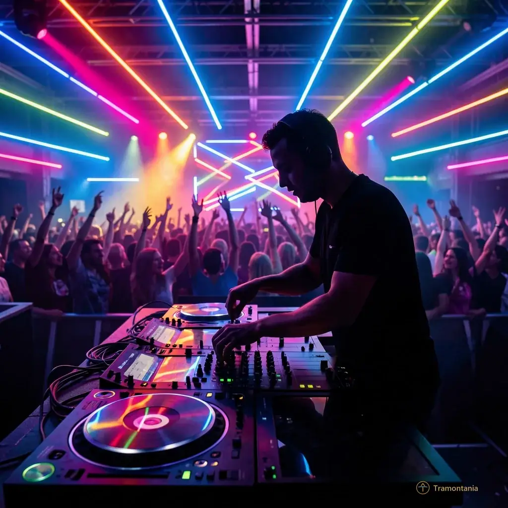 Silhouette of DJ Pfèl performing on turntables with vibrant neon lights and energetic crowd