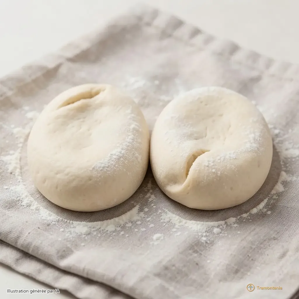 Two halves of raw dough lie side by side on a floured linen cloth, their oval shapes uneven but deliberate — flour dusted lightly along the folds where fingers pressed them into form. No hands visible. The surface is matte and pale, untouched by heat or butter.