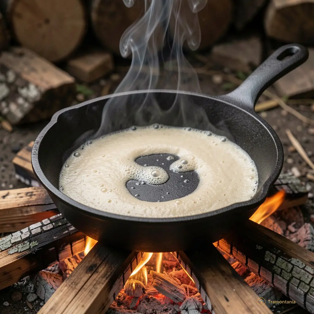 Un plan rapproché d’une poêle en fonte noire, posée sur un feu de bois. Une fine couche de pâte commence à se solidifier au fond — quelques bulles percolent lentement. La fumée s’élève en ligne droite.