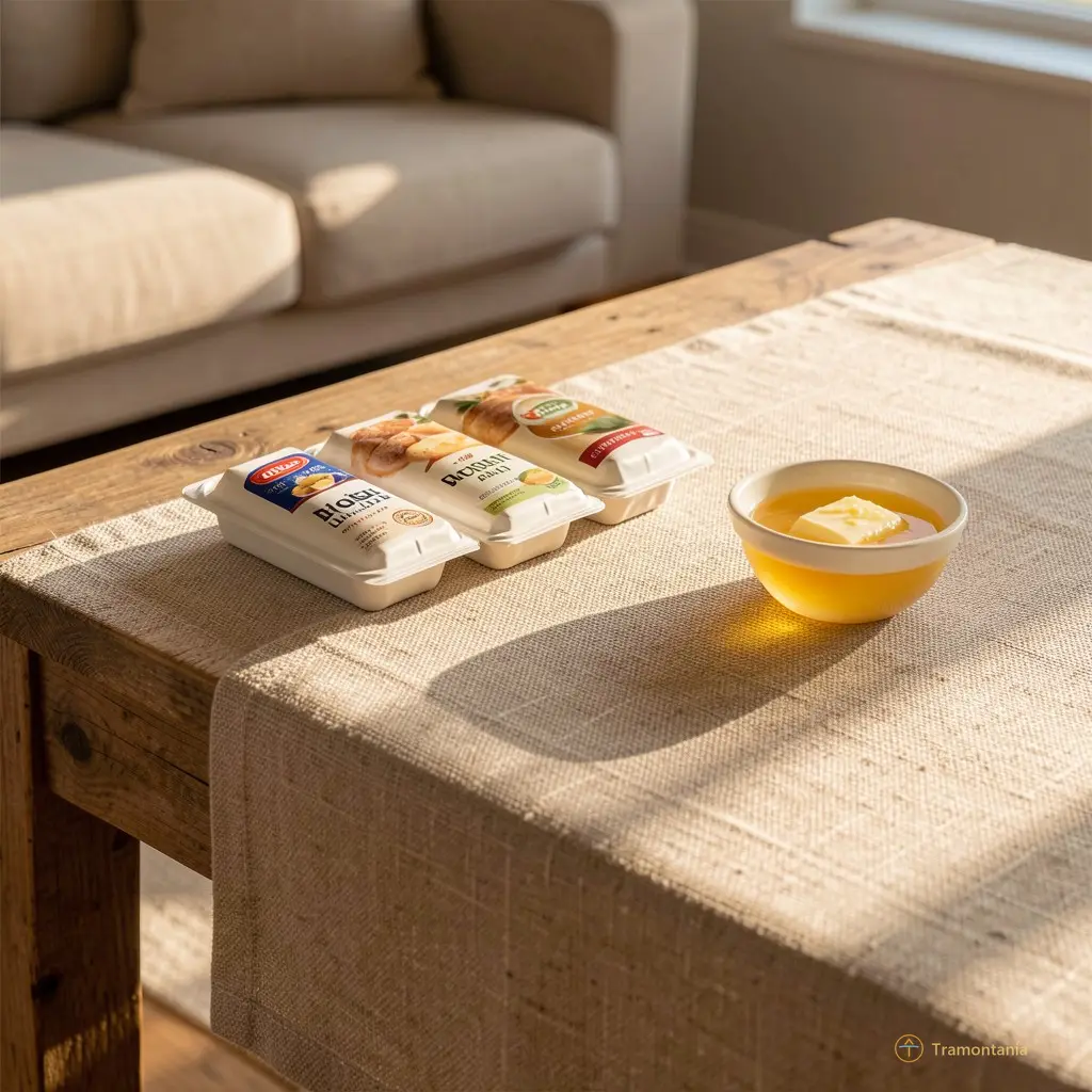 Une table basse en bois brut, recouverte d’un tissu beige. Trois kitas reposent dessus, posés côte à côte. À côté : un petit bol de beurre clarifié fondu, translucide et brillant. La lumière du soir tombe obliquement sur la table.