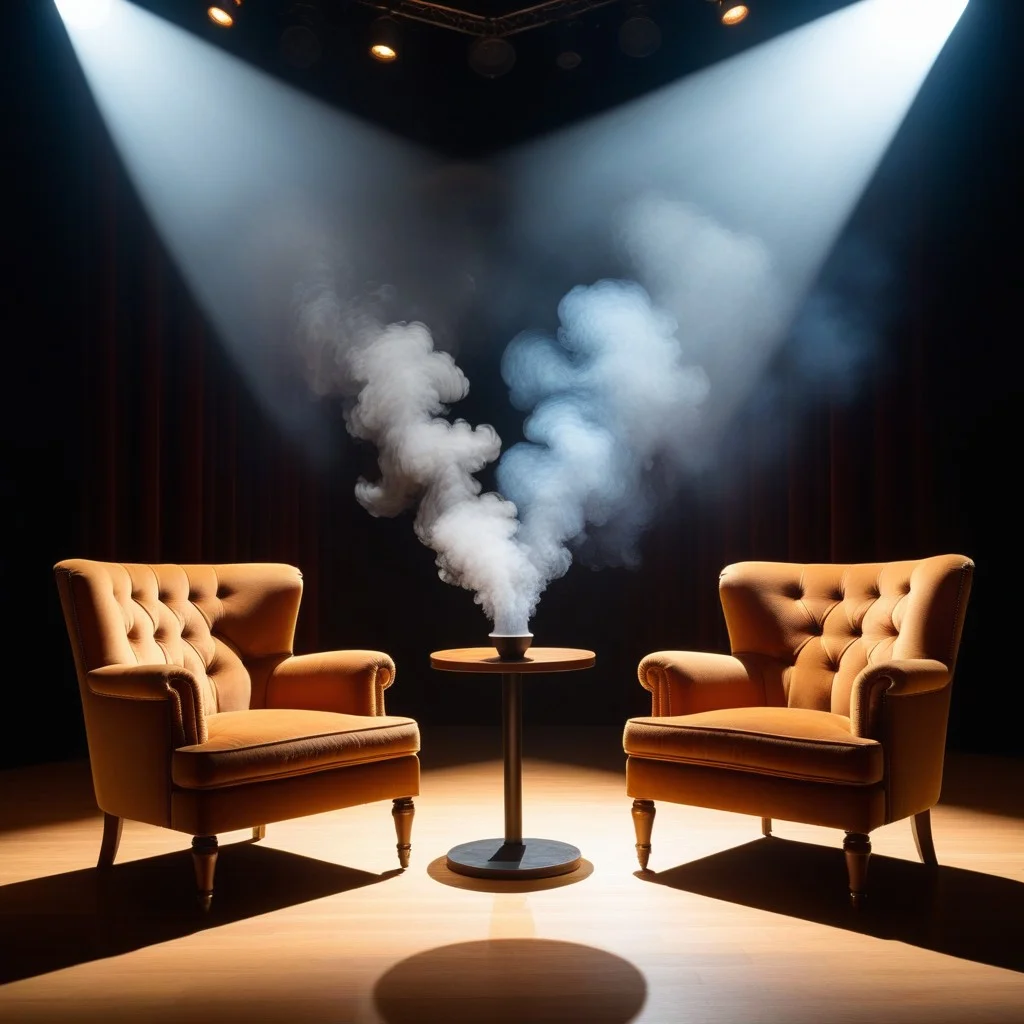 A medium shot of a dimly lit stage corner featuring two mismatched armchairs facing each other, with a single spotlight illuminating the space between them and a faint haze of theatrical smoke swirling around the legs.