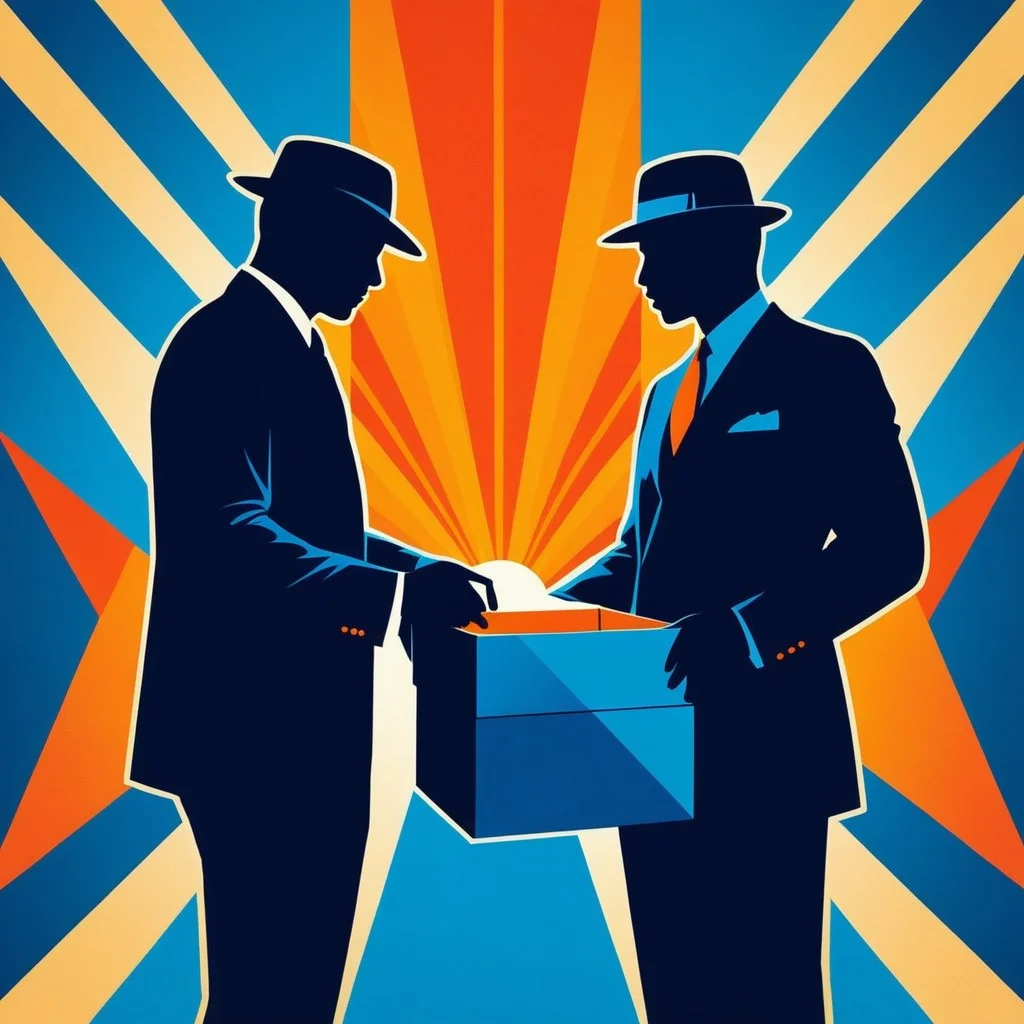 A vibrant retro-style poster illustration featuring a silhouette of two characters holding a mysterious box against a bold geometric background in deep blues and warm oranges, with the title 'L'affaire est dans le sac' in stylized typography.
