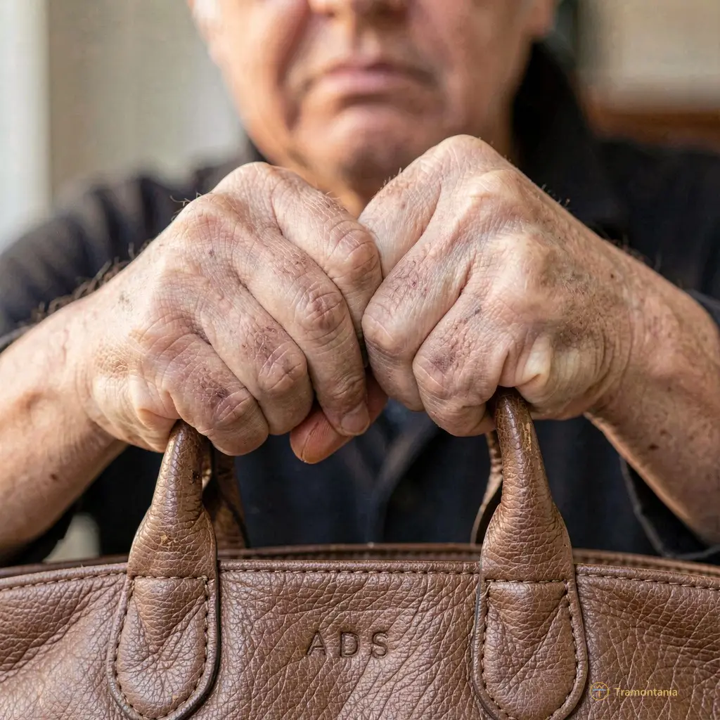 Gros plan sur les mains crispées tenant fermement une poignée de sac, l'expression des visages étant hors champ mais suggérant une tension contenue